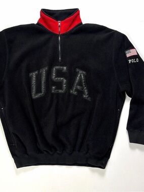 Vintage Polo Sport USA Fleece Quarter 1/4 Zip Jacket Black Red 90s Mens Medium